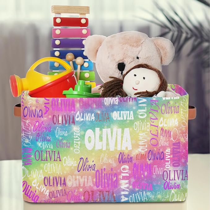 Personalized Name Storage Basket with Handles, Canvas Storage Bins Toys Clothes Organizer for Bedroom, Kitchen, Bathroom, Nursery, Shelves, Closets, Gradient Colorful Pink Yellow Green with Stars