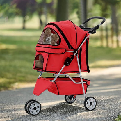 3 Wheels Dog Stroller, Foldable Pet Stroller for Small Medium Dogs, Portable Breathable Cat Stroller Dog Strollers with Storage Basket, Cup Holders, Removable Liner for Travel & Outdoor Use, Red