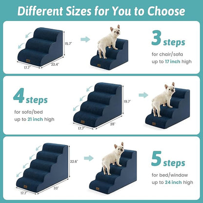 Wide Dog Stairs for Small Dog 19.7" H, Pet Step for Puppy, Older Cat, Curved Ramp for Bed, Durable Anti-Slip Ladder with High Density Foam, 4 Step, 17.7x28x19.7 inch, Navy Blue