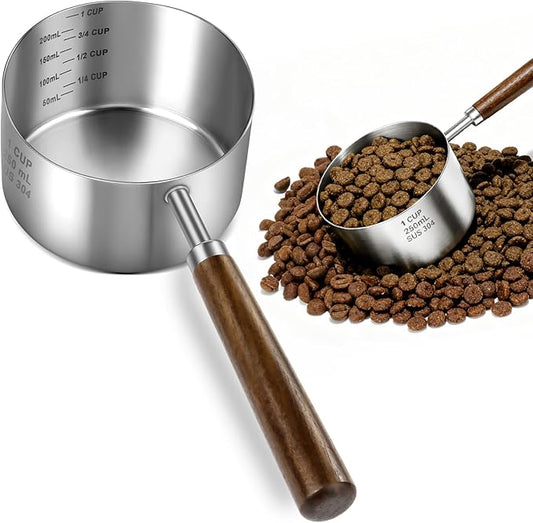 Stainless Steel Dog Food Scoop 1 Cup, Dog Food Measuring Cup With Measuring Lines (Cup/ML) & Long Wooden Handle, Metal Pet Food Scoop For Dogs, Cats and Kitchen Use, Dishwasher Safe
