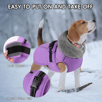 PETDSH Dog Coat Large, Windproof Dog Jacket with Warm Fleece Lining, Thickened Collar Dogs Winter Coat, Adjustable Reflective Pet Coats for Cold Weather (Purple, Large)