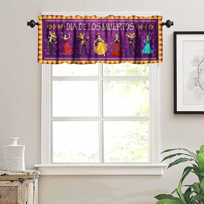 Mexican Style Valances Curtain for Kitchen, Dia De Los Muertos Carnival Holiday Musicians Pattern Window Treatment Valances Short Curtains Rod Pocket Drape for Dining Room Home Decor, 54x18inch