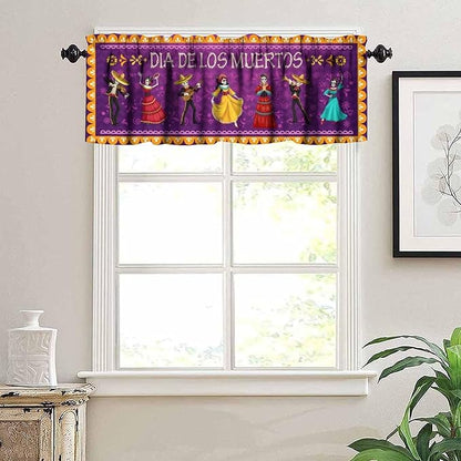 Mexican Style Valances Curtain for Kitchen, Dia De Los Muertos Carnival Holiday Musicians Pattern Window Treatment Valances Short Curtains Rod Pocket Drape for Dining Room Home Decor, 54x18inch