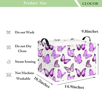 CLOCOR Rectangular Storage Basket,Collapsible Cute Pattern Storage Bin,Waterproof Books Box with Handles,Gift Basket(Deeppurple Butterfly)