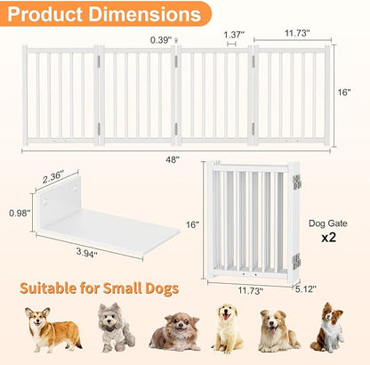 Snughome 2 Pack Short Dog Gate Indoor, 16" High Freestanding Small Dog Gates with Support Feet, Expand Up to 48’’ Wide Foldable Pet Gate for Doorway, 8 Panel Pet Door Pet Fence for Puppy, White