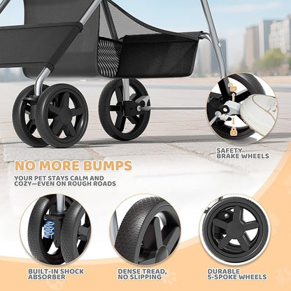Magshion Foldable Pet Stroller, 3-in-1 Dog Travel Jogger with Detachable Carrier, Cup Holder, Storage Basket, Folding Carrier for Small/Medium Dogs & Cats Up to 33 lbs, Black