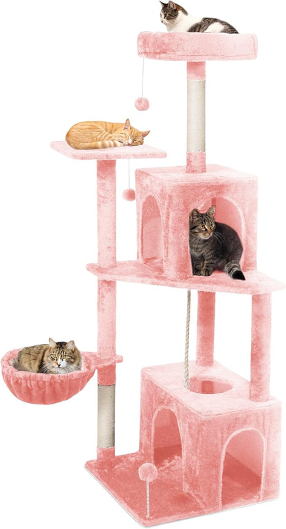 Cat Tree, 54-Inch Cat Tower for Indoor Cats, Soft Plush Multi-Level Climbing Cat Condo with Scratching Posts, Basket, Perches,2 Caves,2 Pompoms Play House for Cat(Pink)