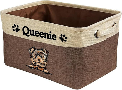 Personalized Foldable Storage Basket with Cute Dog Yorkie Collapsible Sturdy Fabric Pet Toys Storage Bin Cube with Handles for Organizing Shelf Home Closet, Brown and White