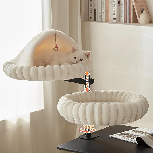 Dogpals 2-in-1 Cat Desk Bed: 360° Rotating & Height Adjustable Cat Tree with Semi-Enclosed & Open Layers, No-Drill Clamp for Desk up to 1.18" Thick, Supports 9lbs for Office