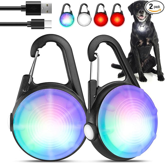 2Pack Dog Lights for Night Walking Dog Collar Light Clip on Rechargeable Glow in The Dark Light with 4Modes & RGB Color for Camping