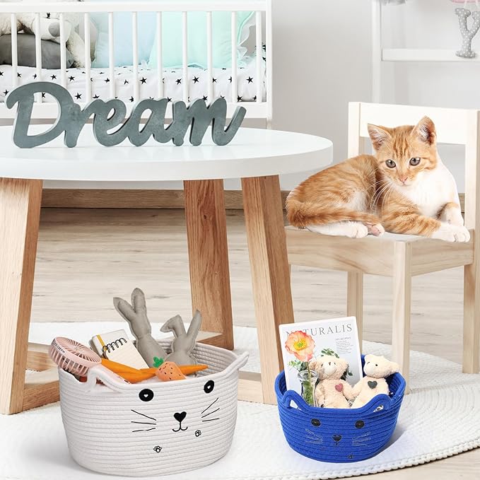 Zopeal Cat Basket Storage Woven Organizer with Ears Easter Decorative Pet Toy Cute Cotton Rope Basket for Gift Cat Dog Toy Bin Nursery Room(8.3 x 4.7 Inch,Royal Blue)