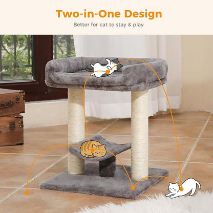 PETEPELA 19" Scratching Post, Cat Tree Tower, 100% Natural Sisal Scratcher With Large Plush Top Perch Bed, Cozy Platform for Kittens and Cats