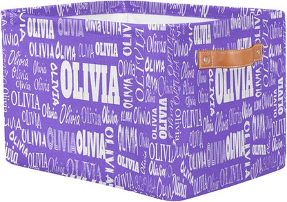 Custom Storage Baskets for Kids with Name, Large Foldable Organizer Collapsible Storage Bin with Leather Handle for Home Toys Closet Nursery, Violet Purple Light Solid Background