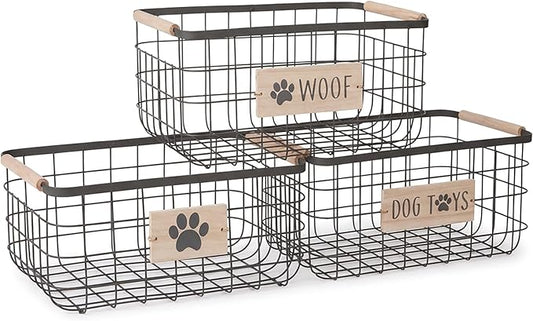 RGI Home Dog Toy Storage Baskets – Set of 3 Rectangular Metal Organizer Bins for Pet and Household Storage, Multi-Sized with Wood Accents, Durable and Rustic, Antique Gray Metal