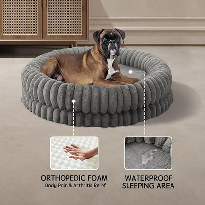 BALANCE Luxury Donut Dog Bed, 43 Inches Round Dog Beds Large Sized Dogs Washable, Orthopedic Calming Dogs Bed for Pets with Anti-Slip Bottom, Gray