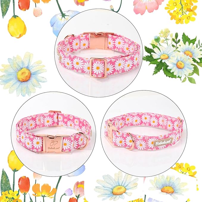Pink Daisy Dog Collar, Cute Spring Flower Female Pet Collar with Metal Buckel, Soft Adjustable Designer Dog Collars for Small Medium Large Dogs L