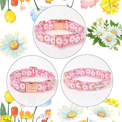 Pink Daisy Dog Collar, Cute Spring Flower Female Pet Collar with Metal Buckel, Soft Adjustable Designer Dog Collars for Small Medium Large Dogs L