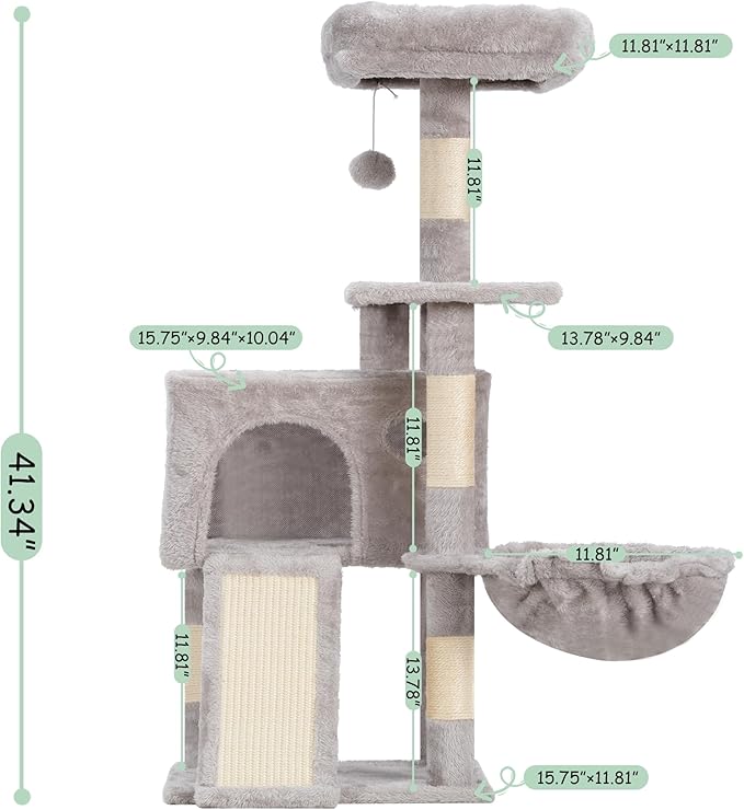 Gitelsnour Cat Tree, 41.3" Cat Tower for Indoor Kittens with Scratching Board and Posts, Multi-Level Cozy Cat Condo with 2 Perches, Hammock, Balls, Light Gray GCT005SW