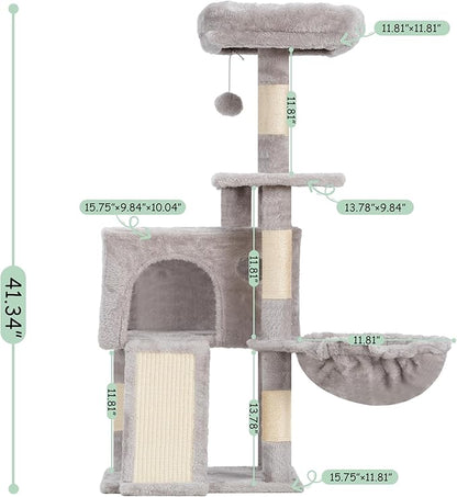 Gitelsnour Cat Tree, 41.3" Cat Tower for Indoor Kittens with Scratching Board and Posts, Multi-Level Cozy Cat Condo with 2 Perches, Hammock, Balls, Light Gray GCT005SW