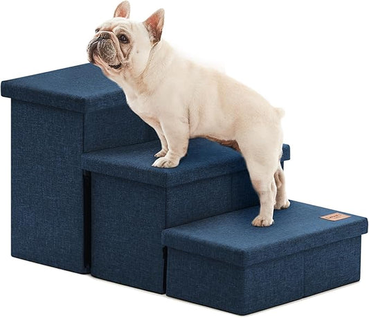 Love's cabin Dog Stairs with Storage, 3 Steps Wider Dog Steps for High Bed 18" H, Foldable Pet Stairs for Small Medium Large Dogs Cats for Bed Couch Car, Ramp with Zip up to 200 lbs, Navy Blue