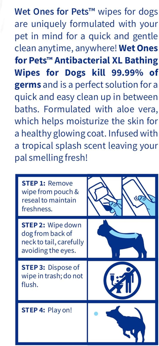 Wet Ones for Pets Multipurpose Dog Wipes with Aloe Vera, Tropical Splash Scent - Extra Large Pet Bathing Wipes with Wet Lock Seal for Dog Paws & All Over Use, 10 Count