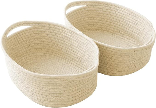Woven Basket,Small Rope Storage Bin with Handles & Ribbon Bag, Organizer for Shelves Closets,Gift Basket Empty for Birthday,Books,Dog Toys,Beige/2 Pack