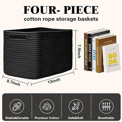 Storage Baskets for Organizing, 4 Pack Baskets for Shelves, Decorative Storage Bins for Shelves, Cotton Rope Storage Basket with Handles, Woven Basket for Storage, 13''Lx8.7''Wx7.9''H, Black