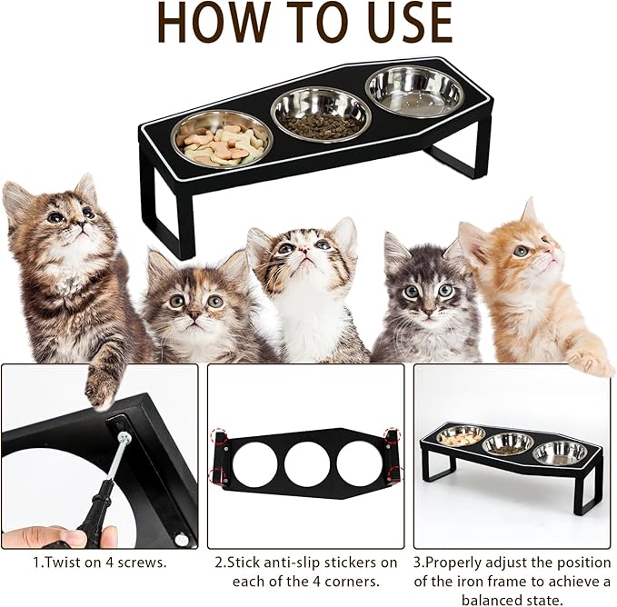 Gothic Cat Food Bowls Elevated, Raised Cat Bowls for Indoor, Non-Slip Stand & Wood Board, Stainless Steel and Whisker Friendly Food Bowls (Cat Bowl*3)