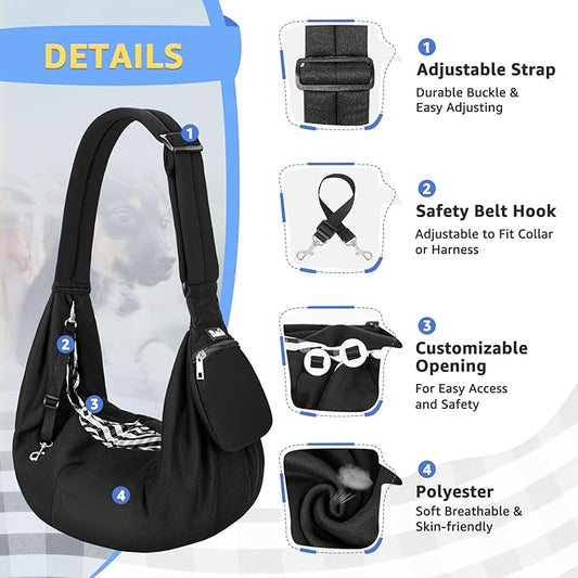 SlowTon Dog Carrier Sling - Thick Padded Shoulder Strap Adjustable Dog Carriers for Small Dogs, Puppy Carrier Purse for Pet Cat with Front Zipper Pocket Safety Belt Machine Washable (Black Knitted, S)