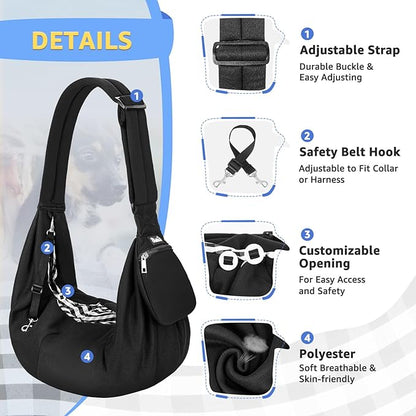 SlowTon Dog Carrier Sling - Thick Padded Shoulder Strap Adjustable Dog Carriers for Small Dogs, Puppy Carrier Purse for Pet Cat with Front Zipper Pocket Safety Belt Machine Washable (Dark Black, M)
