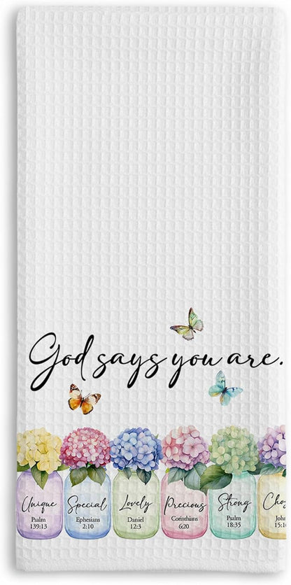 Christian Kitchen Towel, Waffle Weave Microfiber Scripture Hand Towel, God Says You are Bible Verse Farmhouse Decor for Kitchen Bathroom, Inspirational Gift for Women