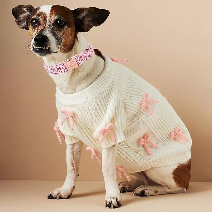 Pink Dog Collar for Female Small Dogs - Cute Bow Pattern Girl Dog Collar for Spring Summer, Adjustable Heavy Duty Pet Valentines Collars with Metal Buckle XS