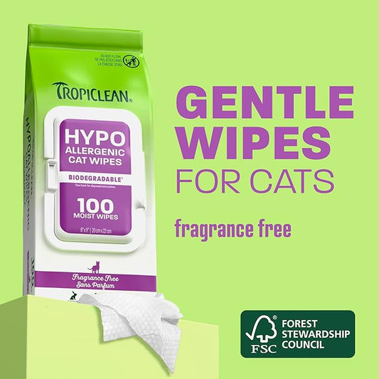 TropiClean Hypoallergenic Cat Wipes, Unscented, Essential Cat Grooming Supplies, Kitten Safe, Grooming Wipes for Cleaning Fur, Made in USA, 100ct