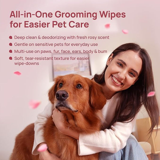 HICC PET Cleaning Deodorizing Wipes for Dogs & Cats, Vet Recommended Plant-Based Pet Grooming Wipes, Fermented Coconut Oil Grooming Paws, Body and Butt, Family Size Supply 400 Count, Rose