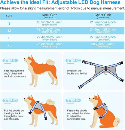 Visinite LED Dog Harness, USB Rechargeable Light Up Dog Vest, 2 Illuminate Modes Glow in The Dark Dog Harness, Adjustable Lighted Pet Harness Light for Night Walking Safety(Blue, L)