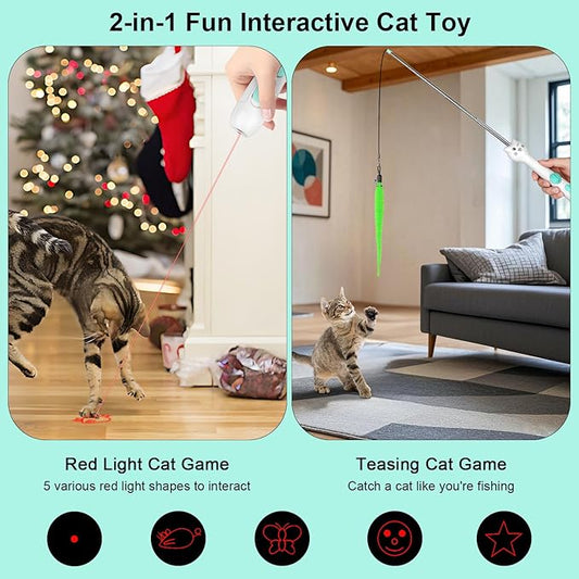 TBTeek Cat Toy, 2in1 Light and Retractable Pole with Feather, Rechargeable, Long Range 5 Modes, Interactive Toy for Indoor Cat Kitten Dog