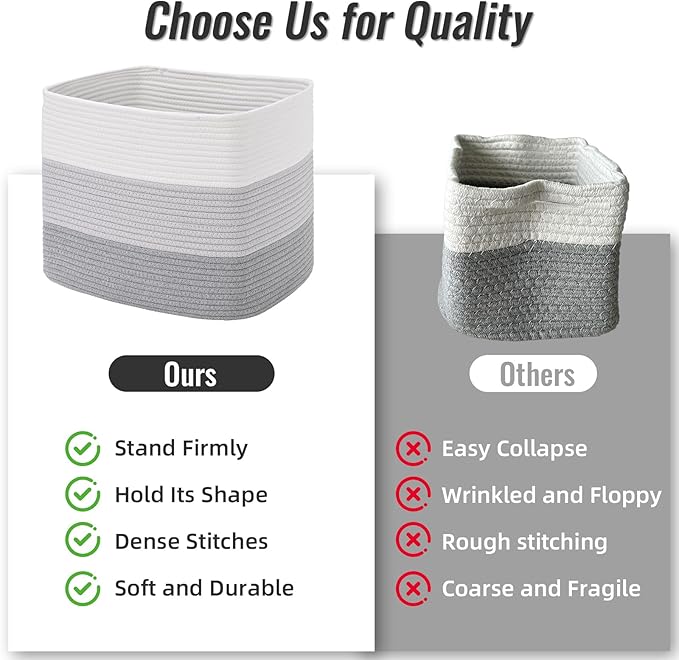 3 Pack Cube Storage Bin, 17”x12”x12” Cotton Rope Woven Baskets for Organizing Toys Clothes Towels, Square Gift Storage Baskets for Shelves, Nursery, Closet, Bathroom, Pantry (3-Tone Gray)