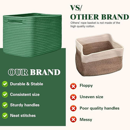 Storage Baskets for Organizing, 4 Pack Baskets for Shelves, Decorative Storage Bins for Shelves, Cotton Rope Storage Basket with Handles, Woven Basket for Storage, 13''Lx8.7''Wx7.9''H, Green
