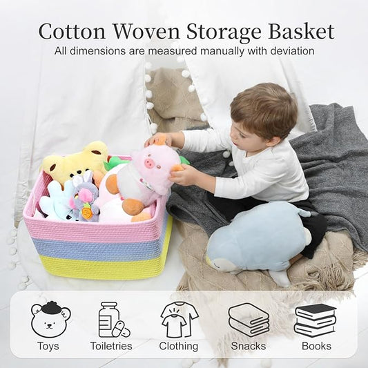 Hopegiver Rainbow Storage Baskets 15x11x9 IN, Colorful Cotton Rope Toy Storage Bins with Handles, Nursery & Kids Playroom Organizer