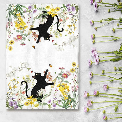 2-Pack Black Cat & Floral Kitchen Towels Decorative Set - Playful Feline Set-Quick-Drying Decorative Design Hand Towels for Cooking, Bathroom Decor - Purrfect Funny Gifts for Cat Lovers for Women