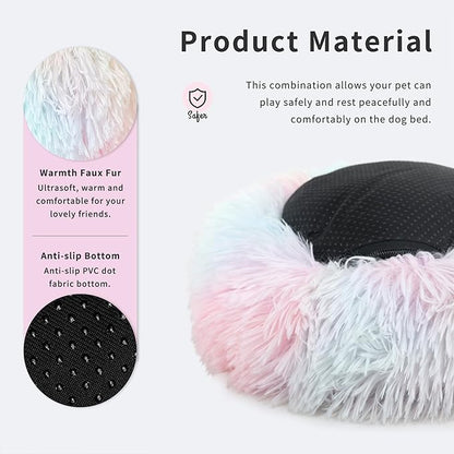 Fluffy Rainbow Dog Bed Extra Small Washable,Calming Dog Bed Rainbow for Small Dogs 15 inches Donut Soft Small Pet Bed,Anti Anxiety Round Fits up to 5 lbs Warm Comfort Pets Beds for Puppy Dogs Indoor