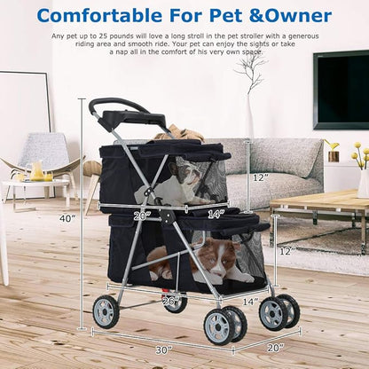 HKLGorg Double Pet Stroller Dog Stroller for 2 Dogs Cats, Foldable Pet Stroller Cat Stroller with 4 Wheels & Soft Pad for Medium Small Dogs Cats Travel Camping Crate Waterproof Folding Stroller(Black)