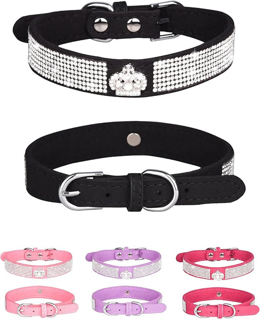 Bling Dog Collar for Small Medium Large Dogs, Crown Rhinestone Dog Collars for Girl and boy Dog, Diamond Puppy Collars, Adjustable Leather Suede SOFE Cat Collar (L(15"-18.1"/38CM-46CM), Black)