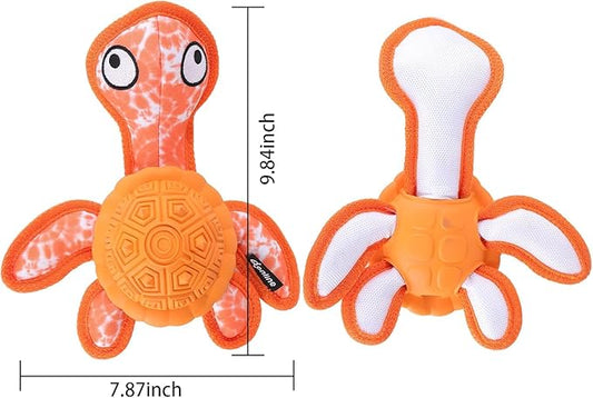 Squeaky Turtle Dog Toy, Treat Dispensing Rubber Ball, Bite Resistant Plush Chew Toy, Interactive Tug & Fetch Enrichment Toy for Medium & Small Breeds, Safe & Engaging for Puppies (Orange)