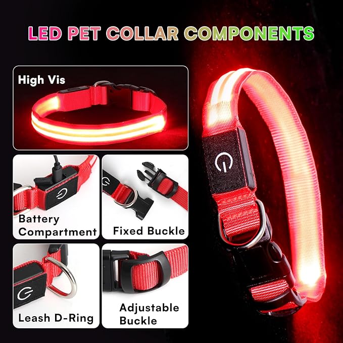 LED Light Up Dog Collar for Night Walking, Rechargeable Safety Glow Illuminated Collar with 3 Modes Flashing, Reflective Adjustable Pet Light for Small/Medium Dogs Puppy 15-19" Neck 1 Pack (Red)