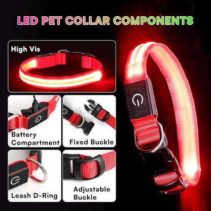 LED Light Up Dog Collar for Night Walking, Rechargeable Safety Glow Illuminated Collar with 3 Modes Flashing, Reflective Adjustable Pet Light for Small/Medium Dogs Puppy 15-19" Neck 1 Pack (Red)