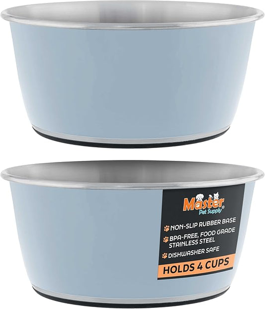 Master Pet Supply Stainless Steel Dog Bowls Set of 2 (32 Oz Each) with Non-Slip Rubber Base - Glacier Blue - Basic Dog Food Bowl Water & Food Bowls for Small Medium Large Dogs & Cats, Metal Dish