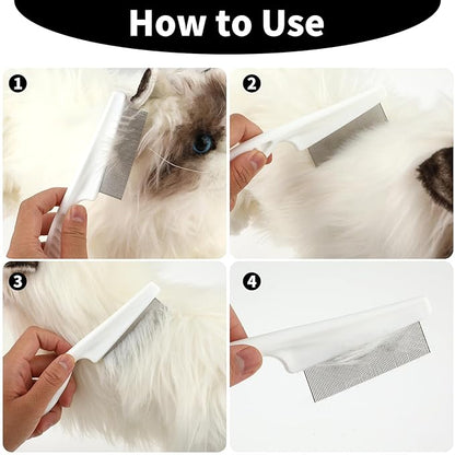 TIESOME 2PCS Stainless Steel Flea Comb for Dogs Cats, Tear Stain Remover Promotes Hair Growth Removes Loose Hair Fleas Dual-Size Grooming Brush for All Breeds(White)