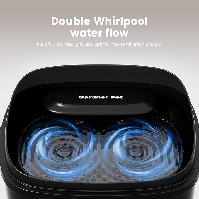 Gardner Pet Cat Fountain 1 Gallon, Vortex Dog Water Fountain, Ultra Quiet Automatic Cat Fountain with Filter, Transparent Tank, Splash-Proof, Easy to Clean,Without Adapter (Black)