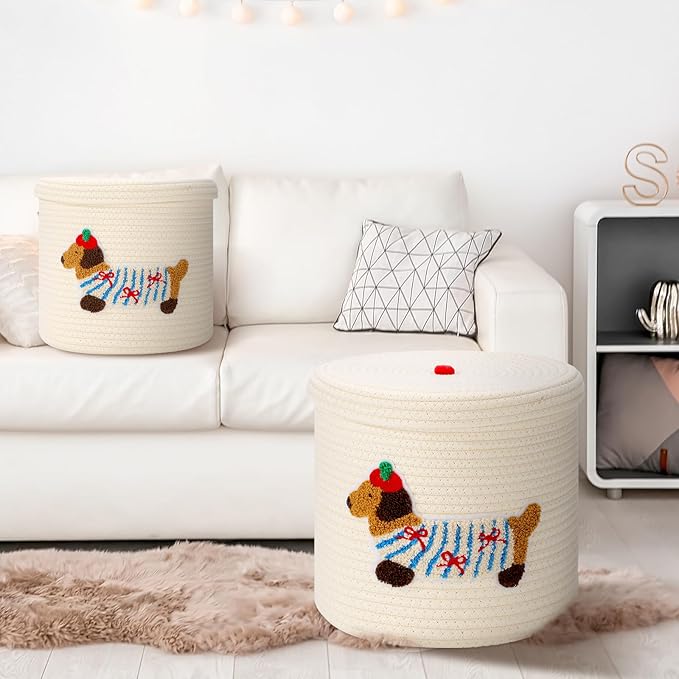 Novabright 2 Pcs Dog Woven Basket with Lid Cute Toy Storage Bin Cotton Rope Puppy Animal Storage Basket for Laundry Toy Pet Gift Organizer for Clothes Towels